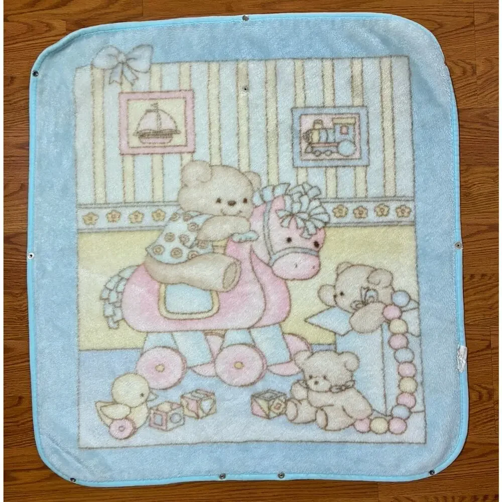 Casa Imports Baby Blanket Acrylic Plush Blue Pastel Bear Rocking Horse Spain VTG